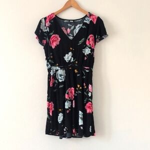 Old Navy Black Dress Pink & Blue Floral Flutter Short Sleeve Pull On Sz M
